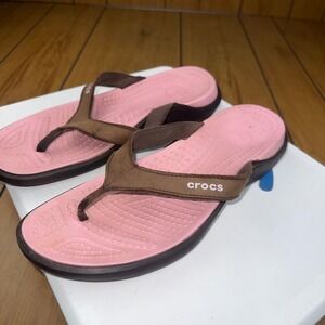 Crocs Capri V Flip Flop Sandals Womens 10 Brown Pink Suede Strap Thong 202502